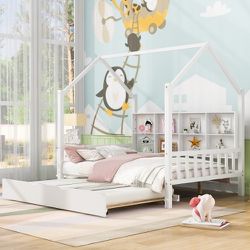 NEW White Full Size House Bed with Trundle & Roof, Wood Platform Bed with Open Storage Shelves and Fence-Shaped Guardrail