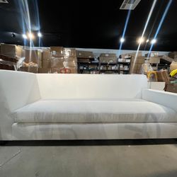 Reduced - missing cushions - White Linen Sofa – Right Arm Bench Seat, Track Arm – Contemporary Sectional Couch Lounger