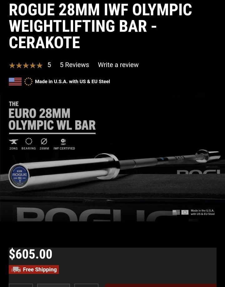 ROGUE 28MM IWF OLYMPIC WEIGHTLIFTING BAR Cerakote BARBELL