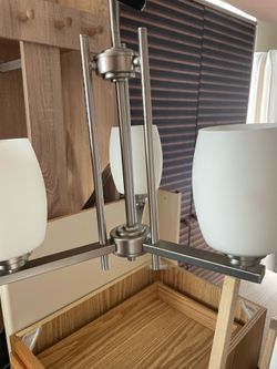3-light chandelier, brushed nickel  finish & white glass shades