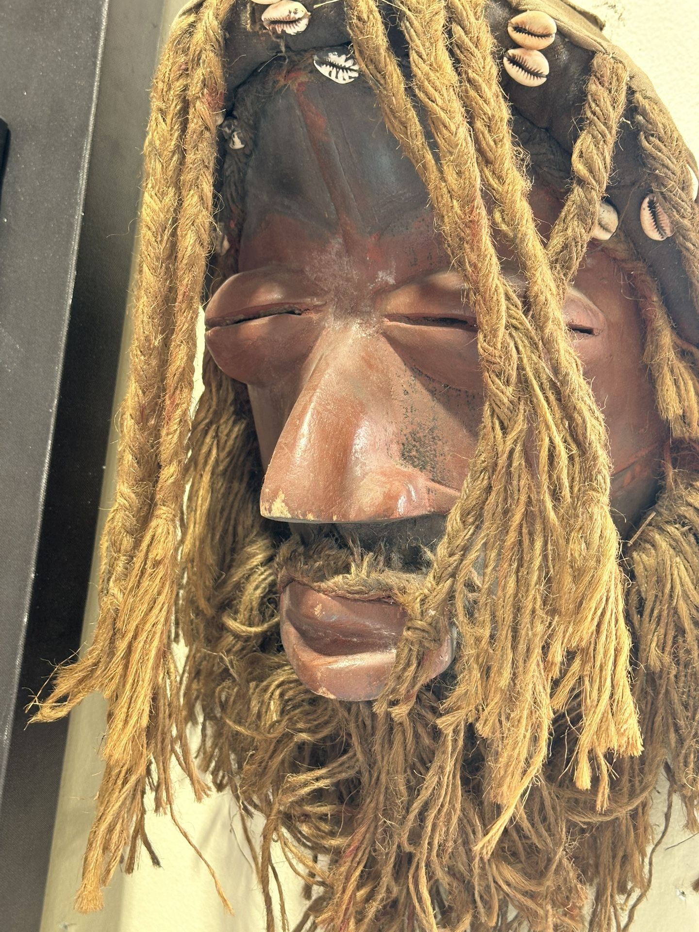 Authentic African Tribal Carved Wood Mask with Dreads & Cowrie Shells