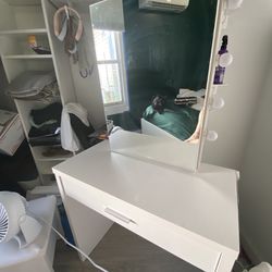 White Makeup Vanity Desk with Attached Sliding Mirror and Lights