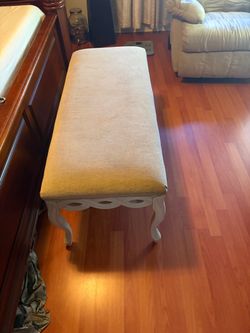 Upholstered Bench with White Carved Wood Frame