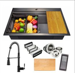 Akdy All-in-One Matte Black Finished Stainless Steel 33 in. x 22 in. Single Bowl Drop-in Kitchen Sink with Spring Neck Faucet