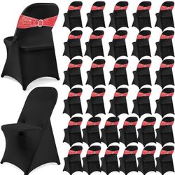 64 Pcs 32 Sets Folding Chair Cover Set Stretch Chair Slipcovers Spandex Elastic Chair Sashes Bows Removable Washable Chair Protector with Buckle Slide