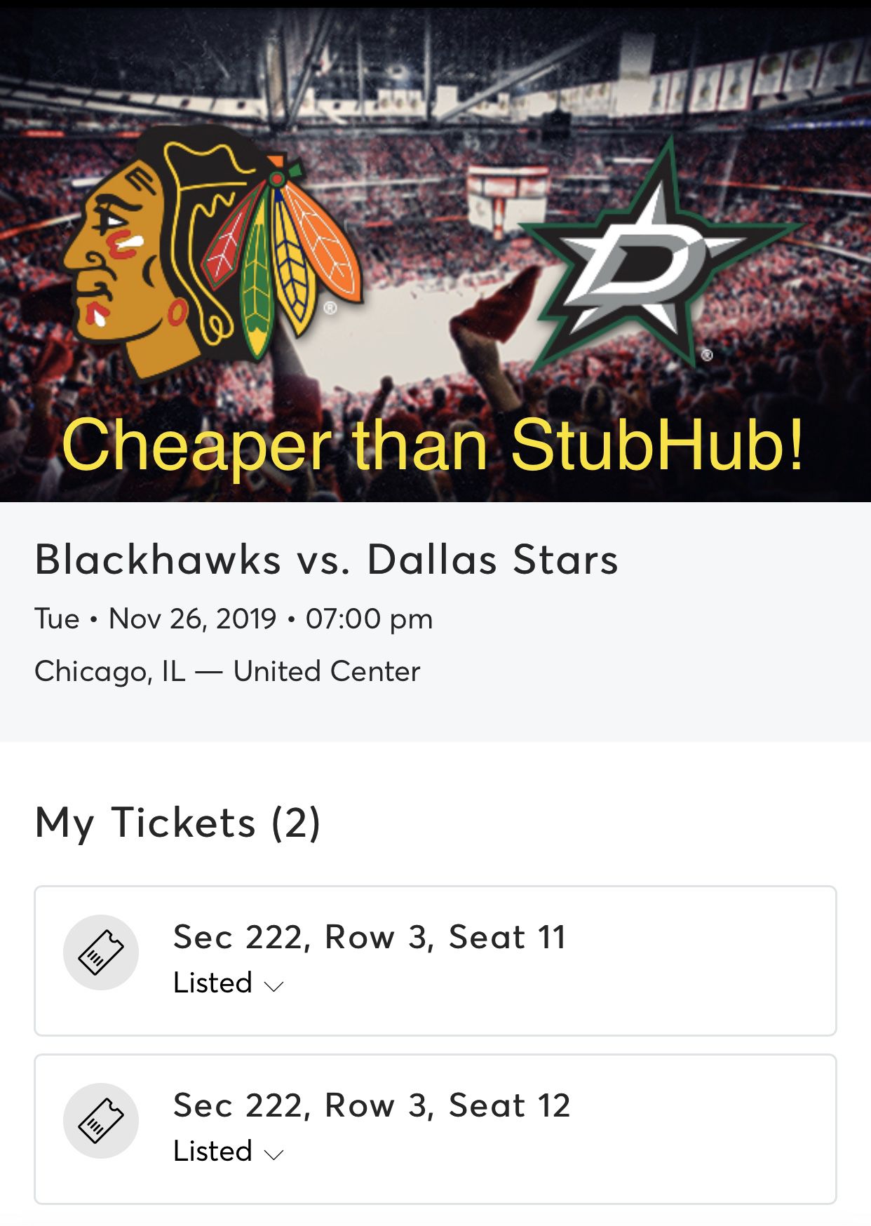 Tomorrow - Blackhawks vs. Dallas Stars - 2 Club Level Tickets