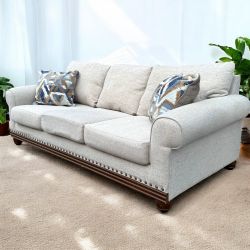 White Geneva 90” Classic Sofa with Decorative Studded Wood Trim