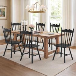 LUE BONA Black Dining Chairs Set of 6, Windsor Wooden Dining Chair with Thickened Backrest, Morden and Mid Century Kitchen Chairs for Dining Room Farm
