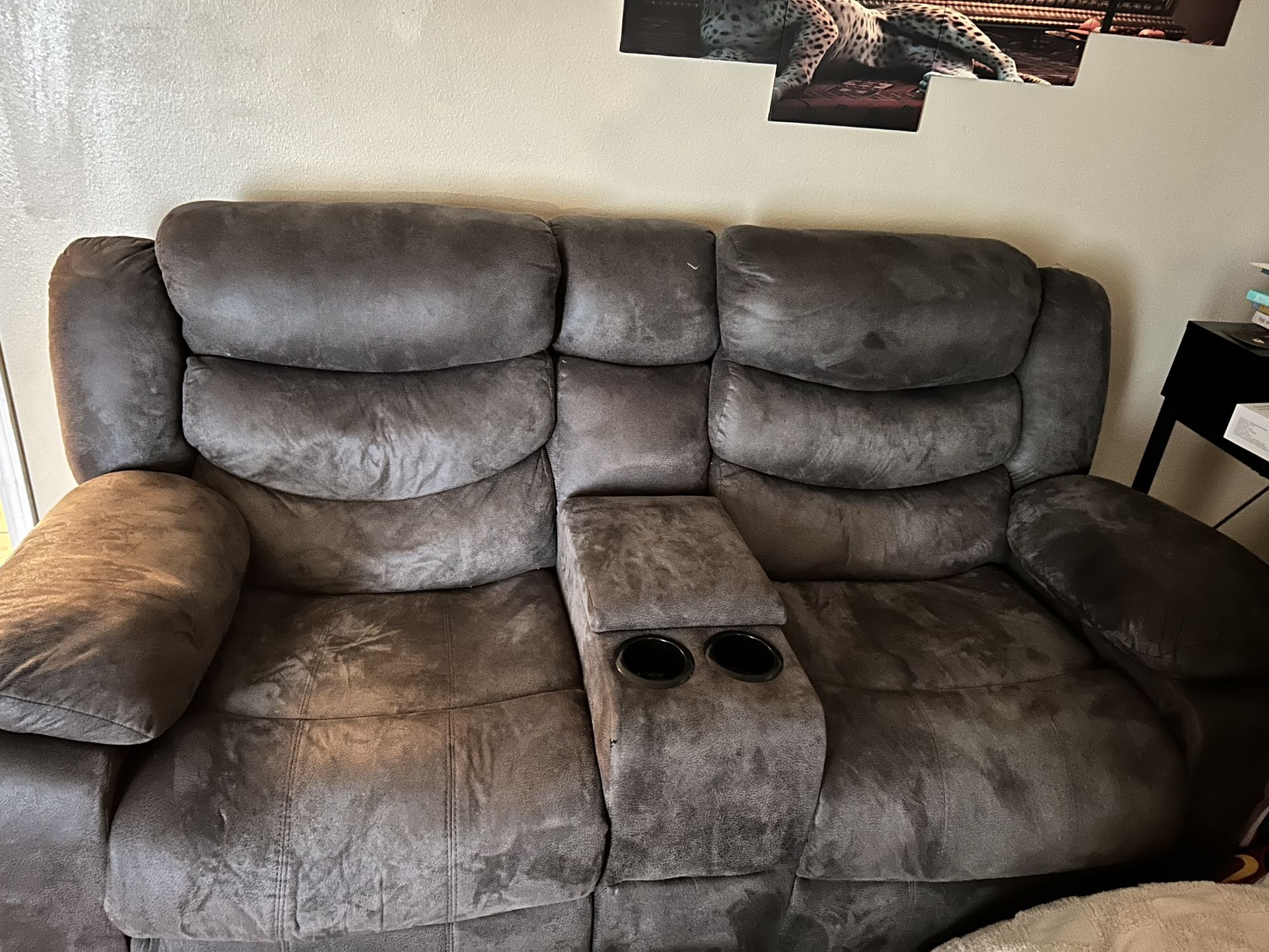 Poly Grey Microfiber Love Seat And Sofa Recliner 