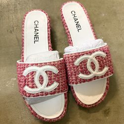 CHANEL Pink Tweed CC-Logo Slide Mules 36