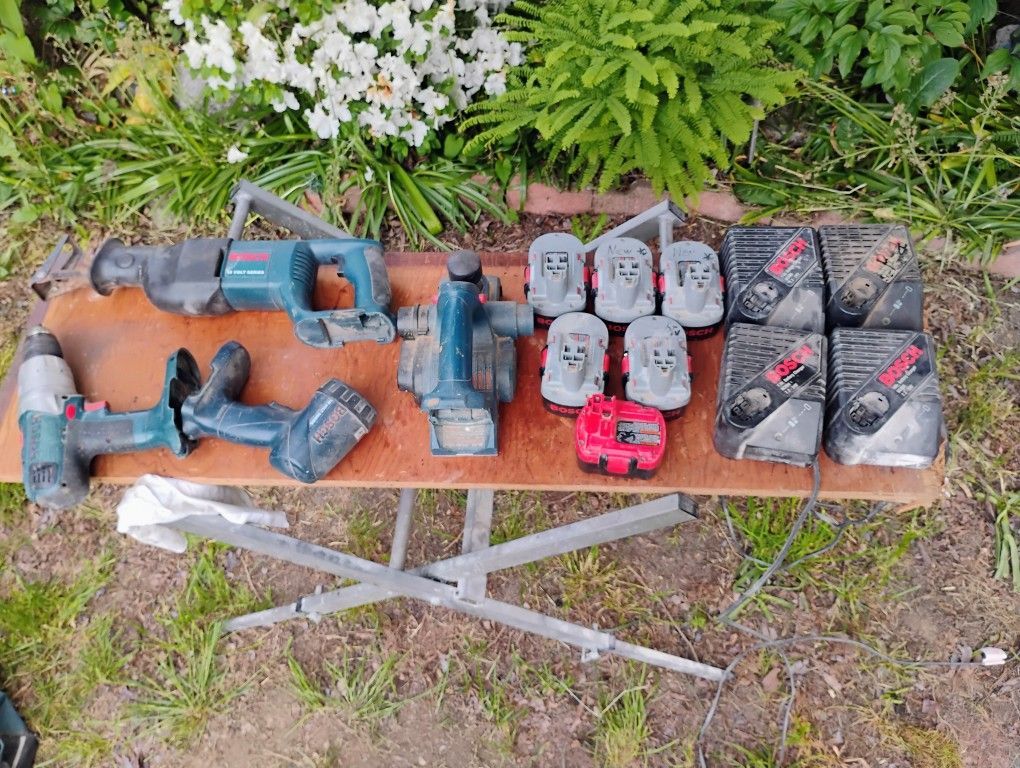 Bosch large tool bag, tools, batteries, and chargers