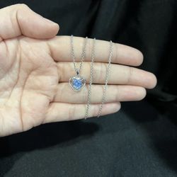 925 Sterling Silver Women White & Blue CZ Heart Charm & Rolo Chain