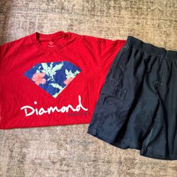 Sz M Men Diamond Supply Co Red T-Shirt & Speedo Swim Trunks Lot