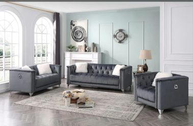 3PC Velvet Sofa Set w Diamonds & Pillows