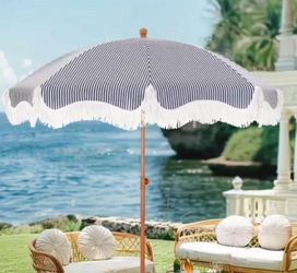 Barely used stripe beach Umbrella with Fringe