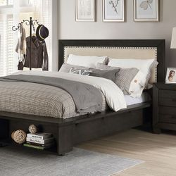 Brand New Dark Gray, Beige Storage Bookcase Queen Size Bed Frame
