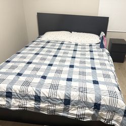 IKEA Malm Queen Bed Frame With Bed Slats And Matching Nightstand 