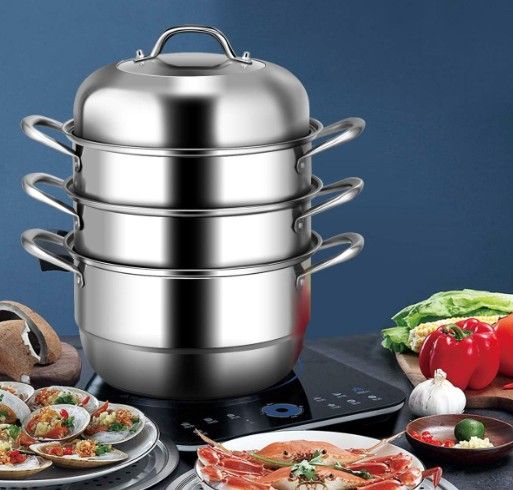COSTWAY 4-Tier Steamer for Cooking, 11 Inch Stainless Steel Steamer Pot with Tempered Glass Lid, Handles on Both Sides, Includes 2 Steaming Septa, Dis