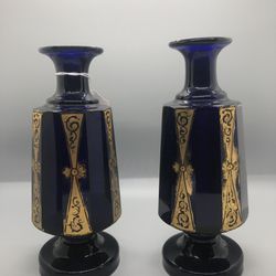 BIEDERMEIER 19th century cobalt blue- gold gild hand painted antique vases. 