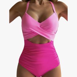 Women's One Piece Swimsuits Tummy Control Cutout High Waisted Bathing Suit Wrap Tie Back 1 Piece Swimsuit-LARGE