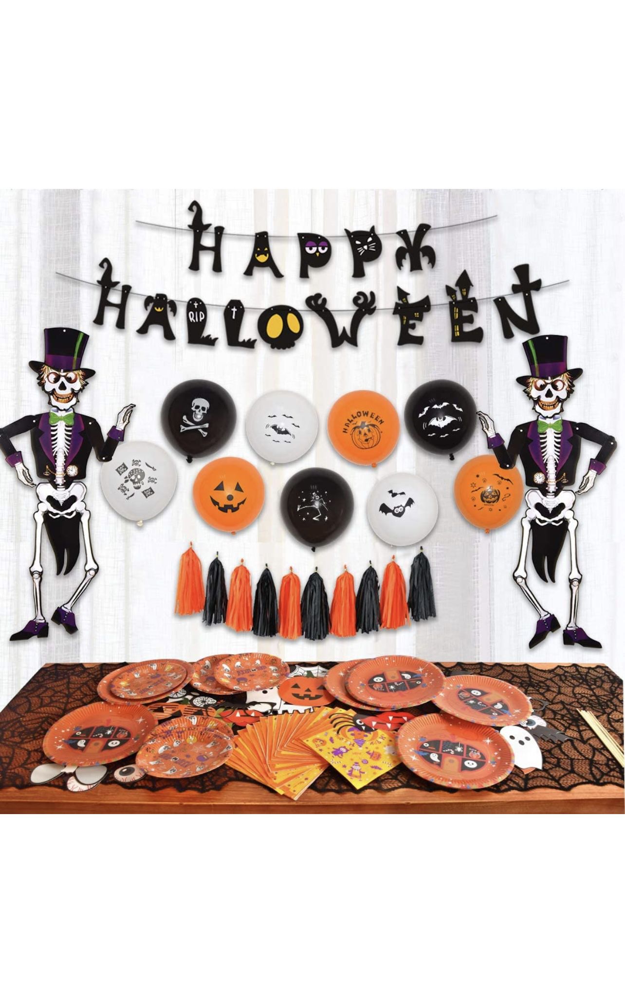 5 pcs Halloween Party Supplies Fun Party Favor Decorations, Large Pack of Hanging Skeleton Props, Photo Props, Balloons, Banner, Plates, Napkins, Tass