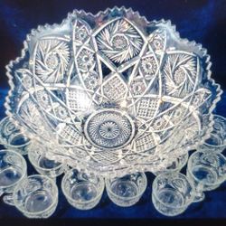 Anchor Hocking Vintage Cut Glass Punchbowl Set