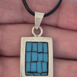 Vtg.Mexico Sterling Silver Inlaid Turquoise Pendant & Black Leather Necklace- 18 In.