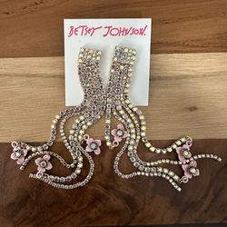 Betsey Johnson Gold Tone & Iridescent Crystal Fringe Earrings With Pink Flowers