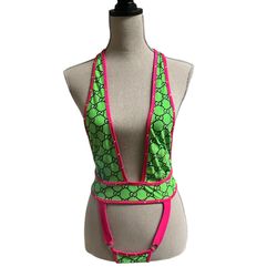 Women’s Neon Green & Pink One Piece Bikini Dancewear 