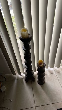 Tall Dark Wood Carved Pillar Candleholders Set of 2