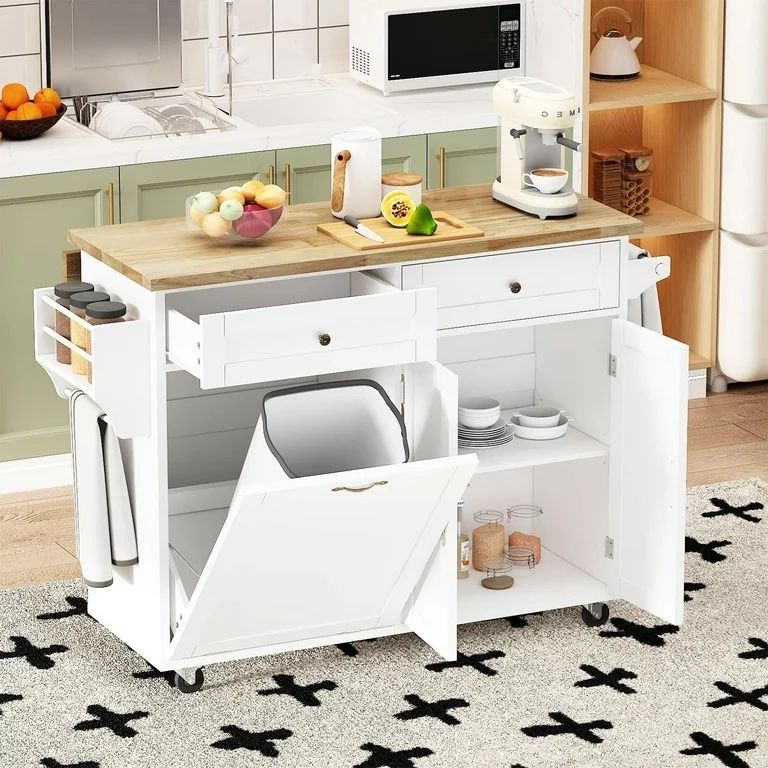 Fingertip WD Rolling Kitchen Island with Drop Leaf - Kitchen Trash Cabinet Tilt Out 10 Gallon Storage, Storage Islands Movable Carts with Rubberwood T