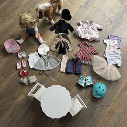 Pottery Barn Kids Doll, Table 2 Chairs, Horse and Doll Clothes 