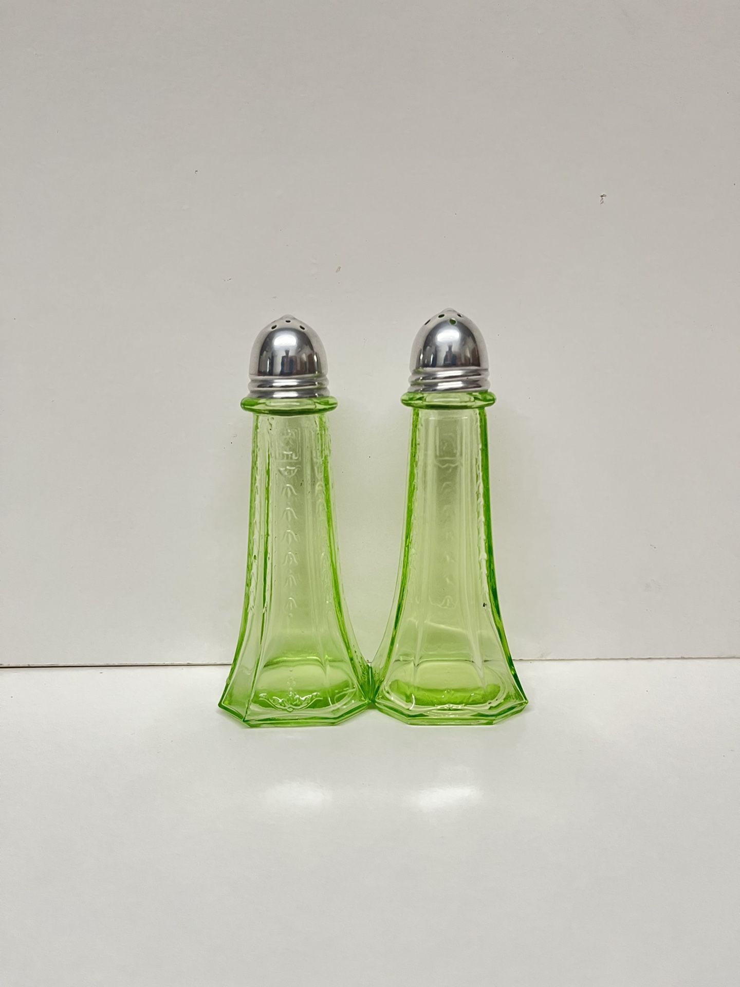 green depression glass salt & pepper shakers