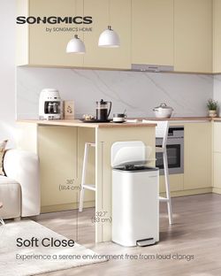 Kitchen Trash Can, 8-Gallon (30 L) Garbage Can with Lid, Stainless Steel, Soft Close and Stays Open, Inner Bucket, Wide Non-Slip Pedal, Cloud White UL