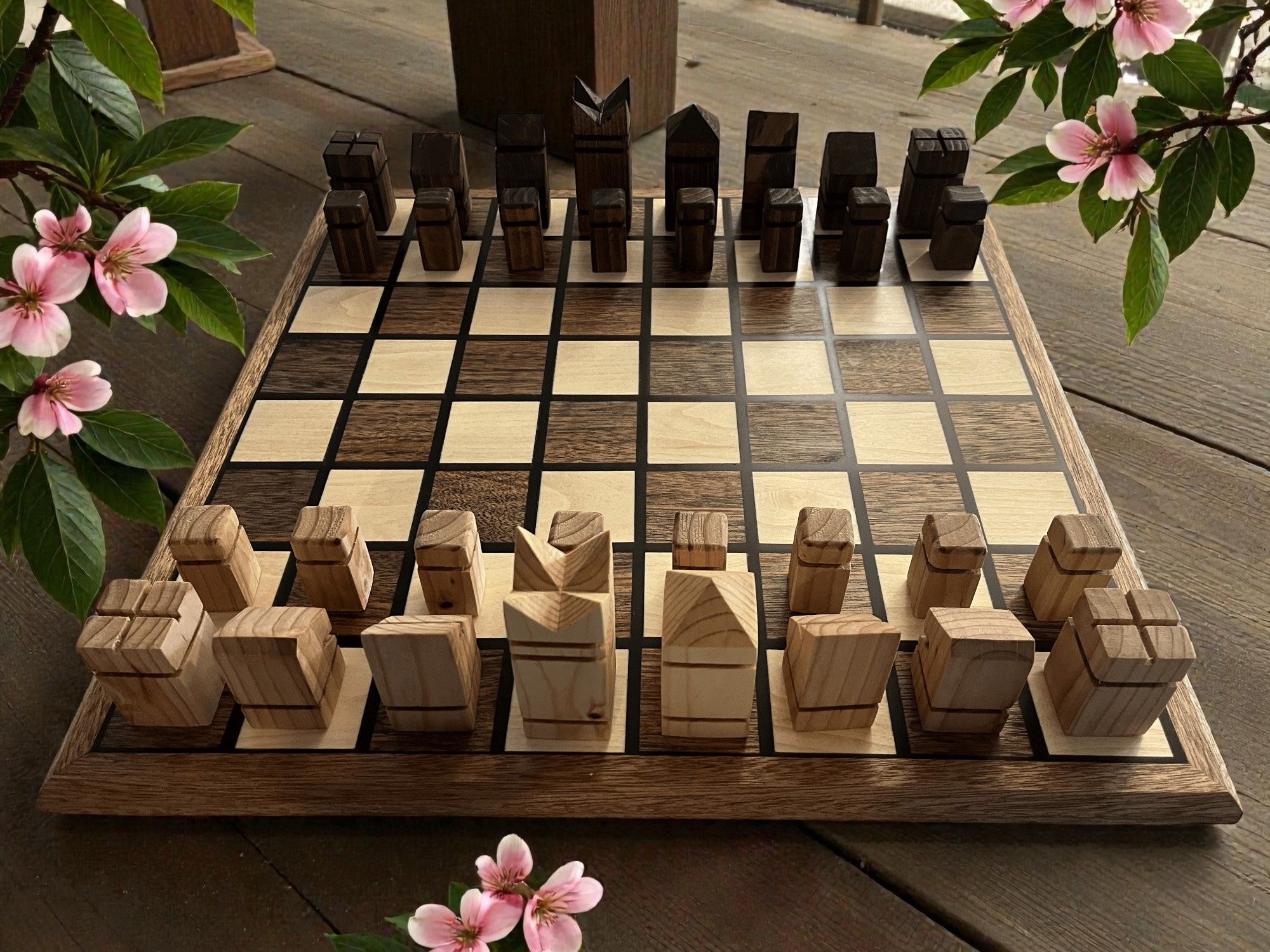 Handcrafted Minimalist Mahogany and Maple Chess Set