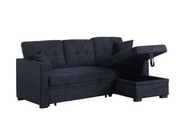 NEW Navy Black Fabric Sectional Sofa with Storage Chaise and Pullout Sleeper Bed and Set Convertible Apartment Small Living Room Space Saving Couch 