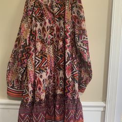 ZARA Boho Tunic Dress L Ikat Tribal Print Long Sleeve Button Cuff  Morocco