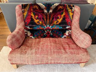 Rare Anthropologie Silk Knotted Settee in Crimson — retailed ~$4000
