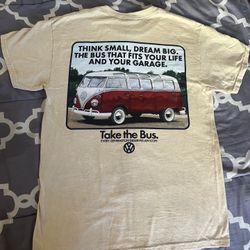 NWOT Changes men's short sleeve cream t-shirt features a red VW bus print,