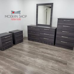 DRESSER WITH MIRROR ,CHEST AND TWO NIGHSTANDS 
