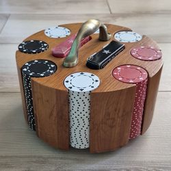 Vintage Poker Chip Set Rotating Wooden Carousel Caddy w/Brass Handle 