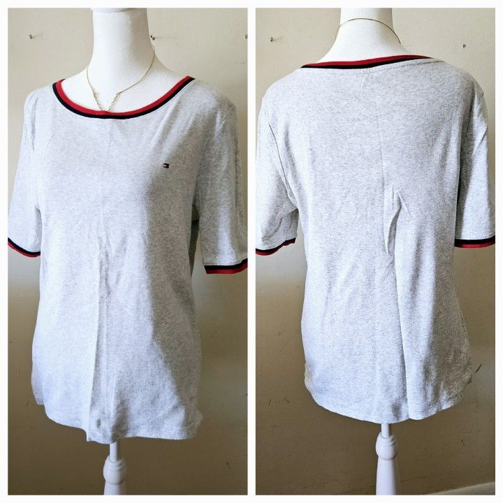 Size L/G Tommy Hilfiger Grey Cotton Short-sleeved Crew Neck Women's Summer Top Casual Dress Shirt with Red & Blue Striped Neckline and Cuffs. 100% Cot