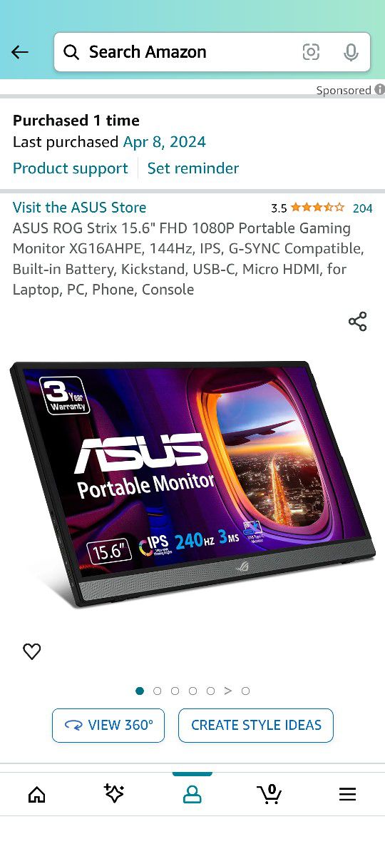 ASUS ROG Strix 15.6" FHD 1080P Portable Gaming Monitor XG16AHPE, 144Hz, IPS, G-SYNC Compatible, Built-in Battery, Kickstand, USB-C, Micro HDMI, for La