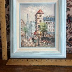 Oil Painting Paris Street Scene Eiffel Tower Signed By Artist 