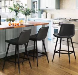 LUE BONA 24" Black Faux Leather Low Back Bar Stools - Set of 3