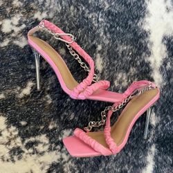 Pink Strap Heels With Silver Chain 8.5