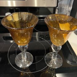 2 Artland Amber Water Wine Glass Goblet Hand Blown Bubble Seeded Clear Stem 8.5”