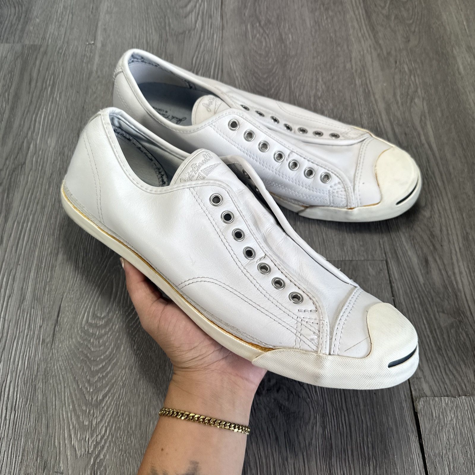 Sz  12 - Converse Jack Purcell Shoes White Leather Low Slip On Laceless Sneakers