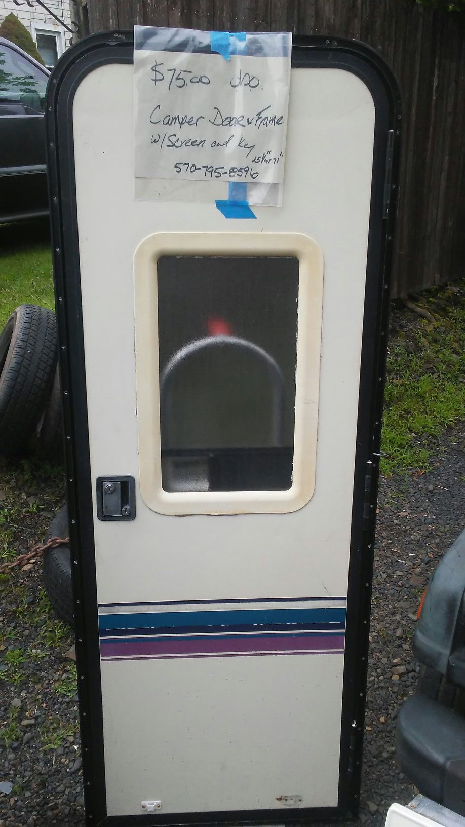 Camper Door, Frame,And screen door. Lockset with key included.