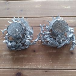 PAIR OF SMALL GLITTERY SILVER SPECKLED CANDLE VOTIVE & MATCHING WREATH HOLDER CHRISTMAS DECOR **$4 FOR BOTH **